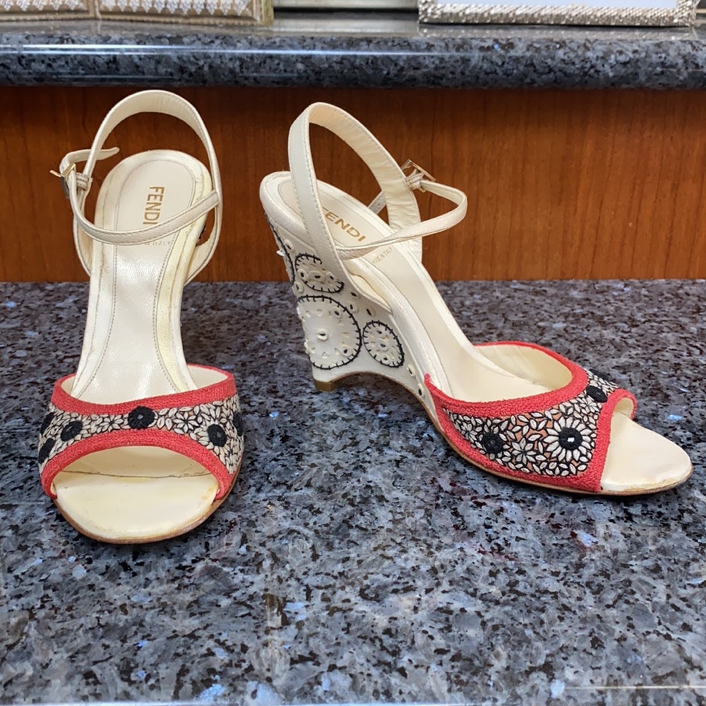 Fendi Embroidered Wedge Sandals Size 37 - Picture 1 of 9